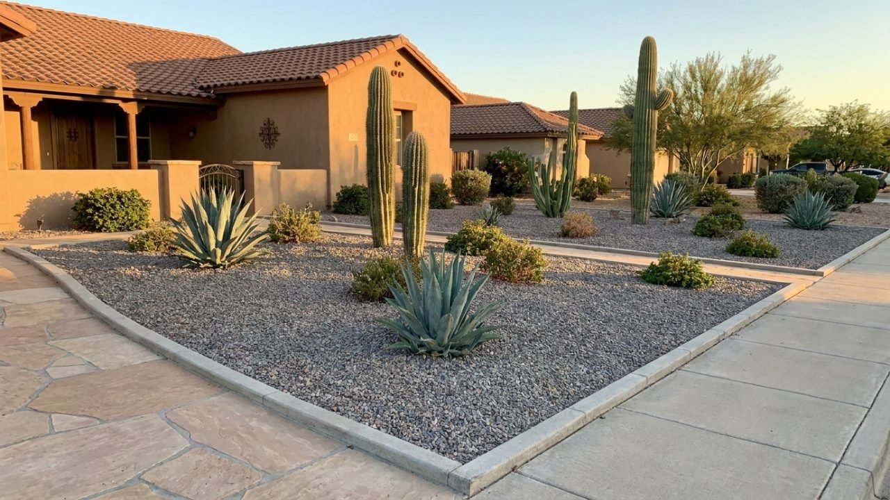 Finished Phoenix front yard with evenly installed landscape rock around desert plants