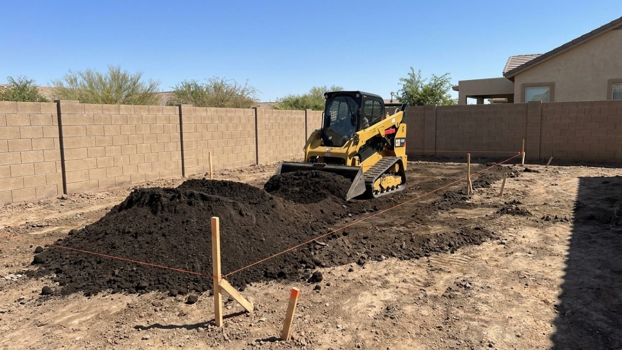 Skid steer grading fill dirt level across a Chandler Arizona backyard
