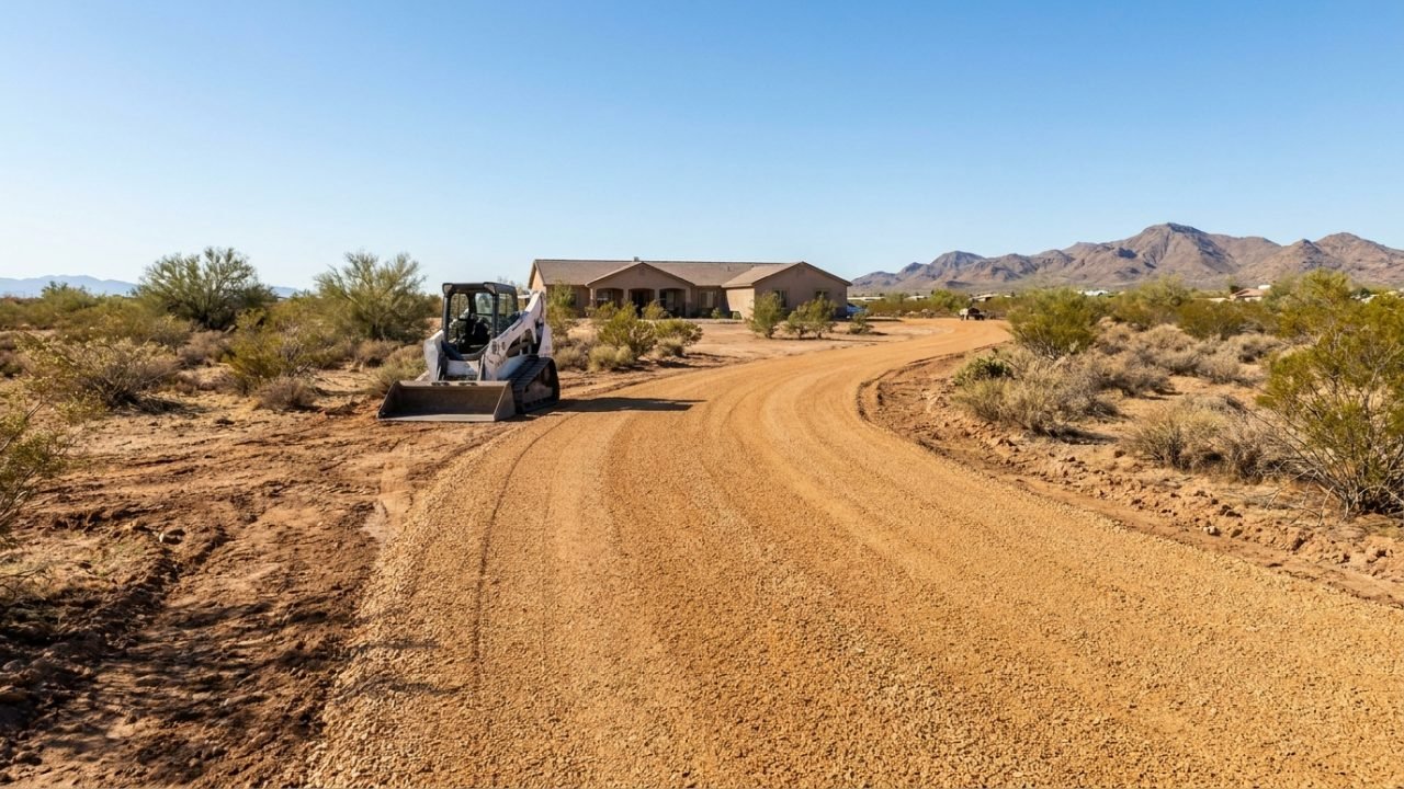Freshly graded gravel driveway at a Queen Creek Arizona acreage property