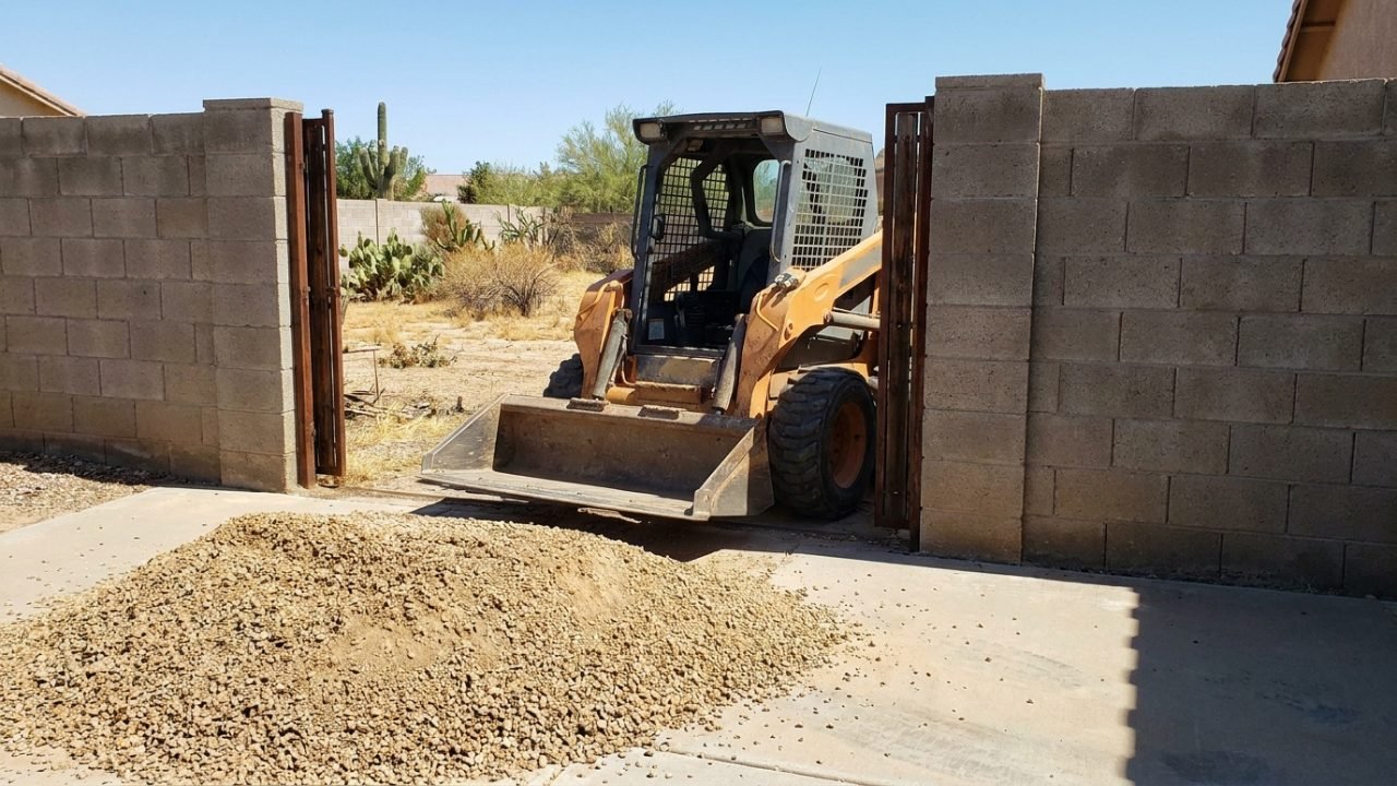 Compact skid steer fitting through a side gate to install landscape rock at a Gilbert AZ home