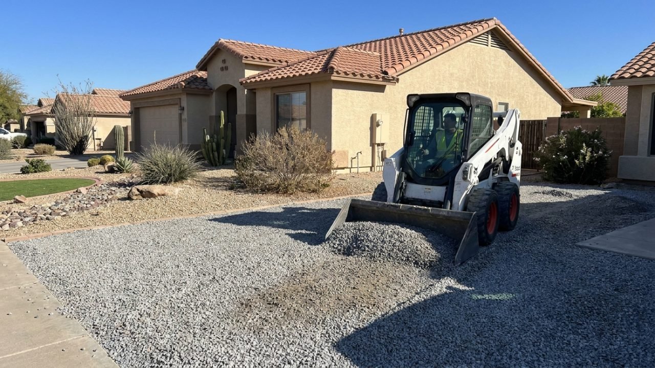 Skid steer spreading landscape rock evenly across a Phoenix front yard during installation