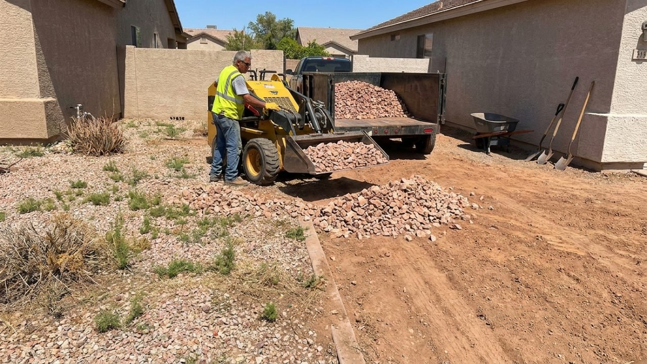 Crew removing old faded landscape rock from a Phoenix yard before installing fresh rock
