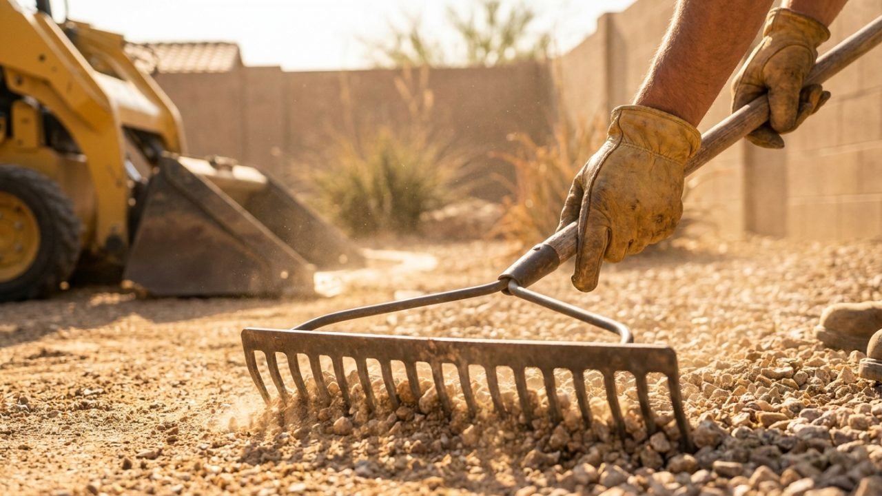 Landscape rock delivered and being spread in one visit at a Mesa Arizona home