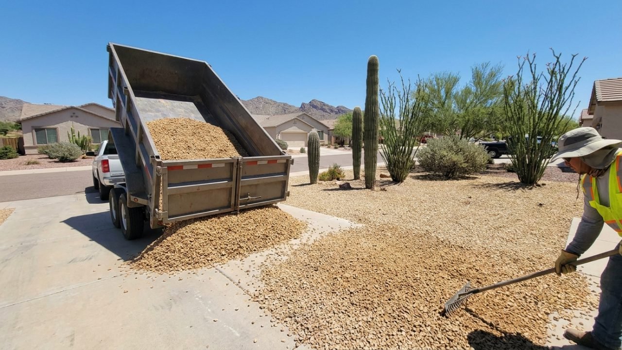 Dump trailer pile of landscape rock being spread across an Arizona yard by a professional crew